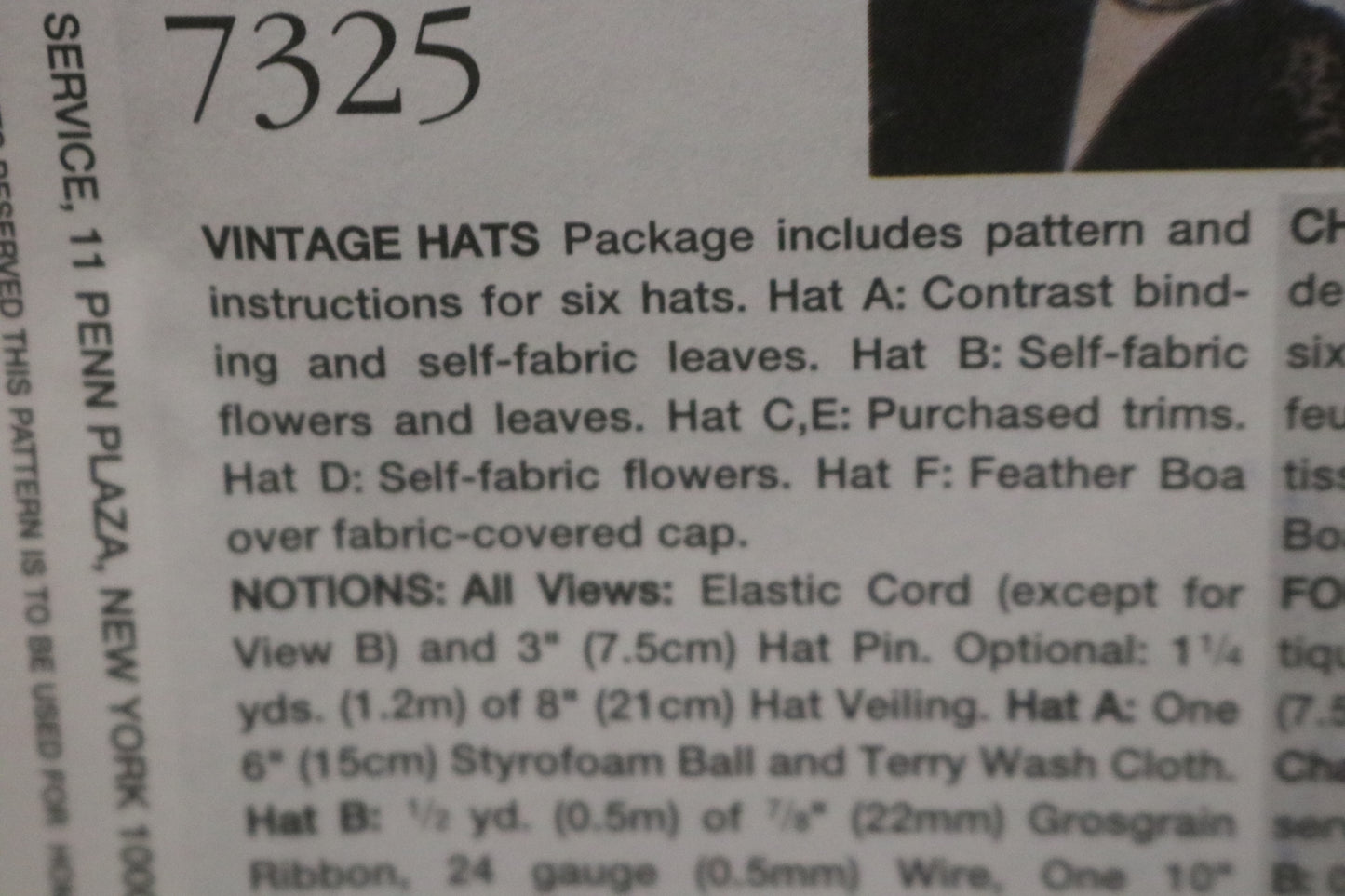 Vogue 7325 Misses Vintage Hats Sewing Pattern - UNCUT