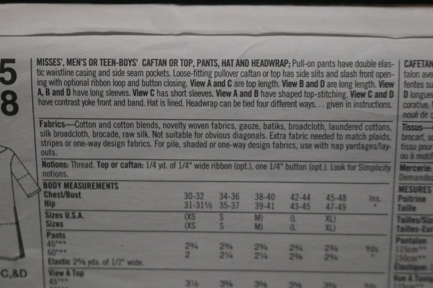 Simplicity 8895 Misses Mens or Teen Boys Caftan or Top Pants Hat and Headwrap Sewing Pattern UNCUT - Size Lg - XL