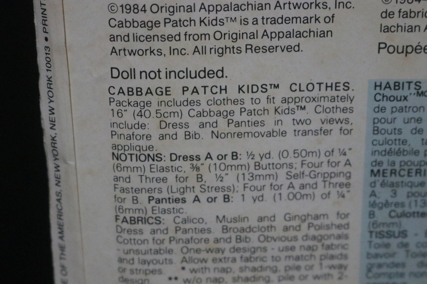 Butterick 6509 Cabbage Patch Kids Clothes Sewing Pattern - UNCUT