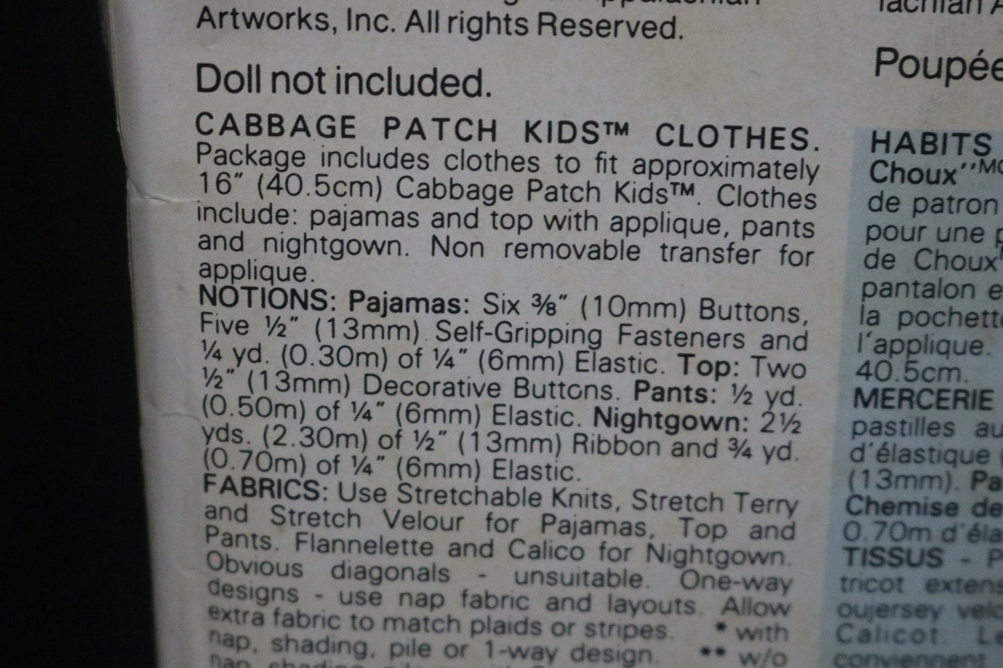 Butterick 6507 Cabbage Patch Kids Clothes Sewing Pattern - UNCUT