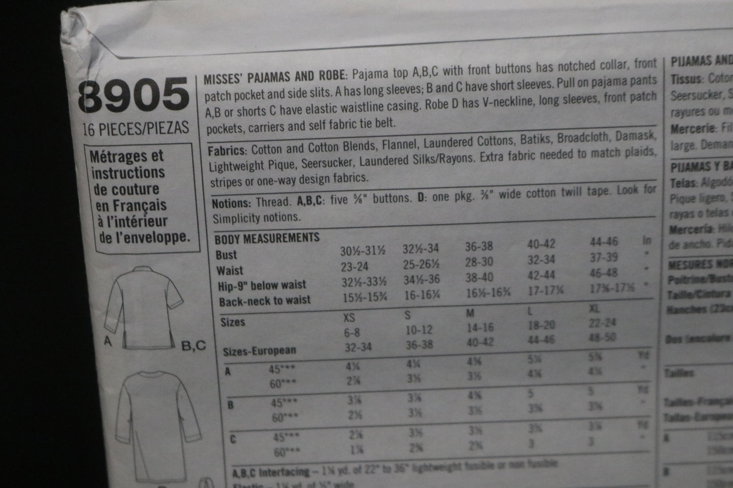 Simplicity 8905 Misses Pajamas and Robe Sewing Pattern - UNCUT - Size XS S M