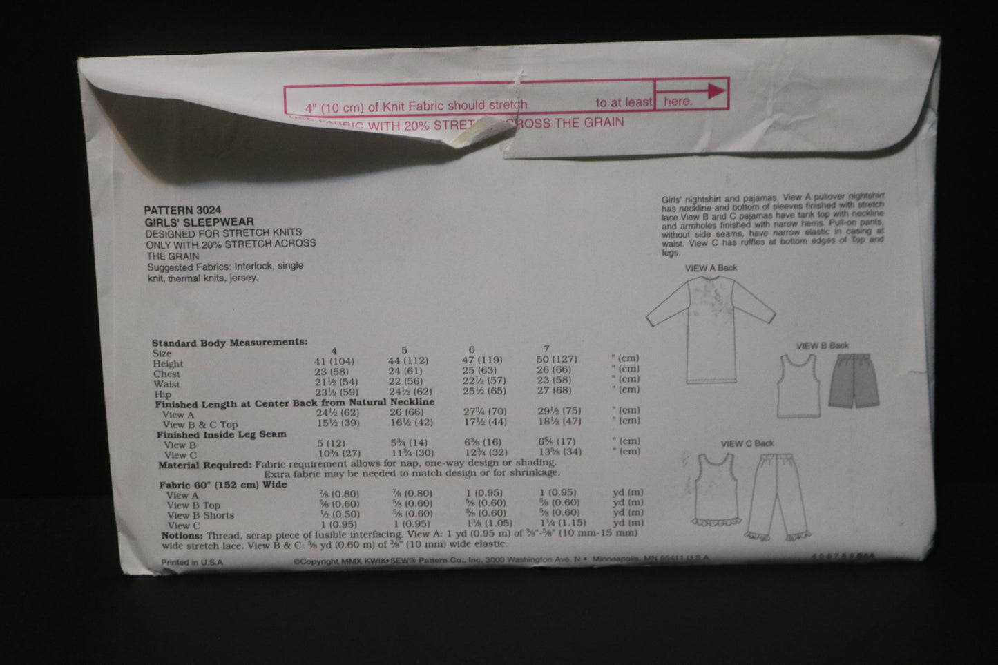 Kwik Sew 3024 Girls Sleepwear Sewing Pattern - UNCUT - Size 4 5 6 7