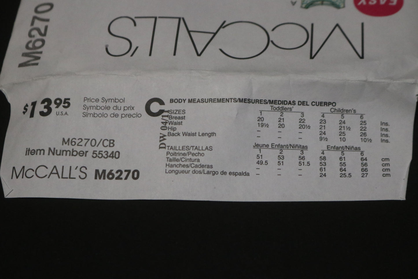 McCalls 6270 Toddlers and Childrens Girls Tops Dresses Shorts and Capri Pants Sewing Pattern - UNCUT Size 1 2 3