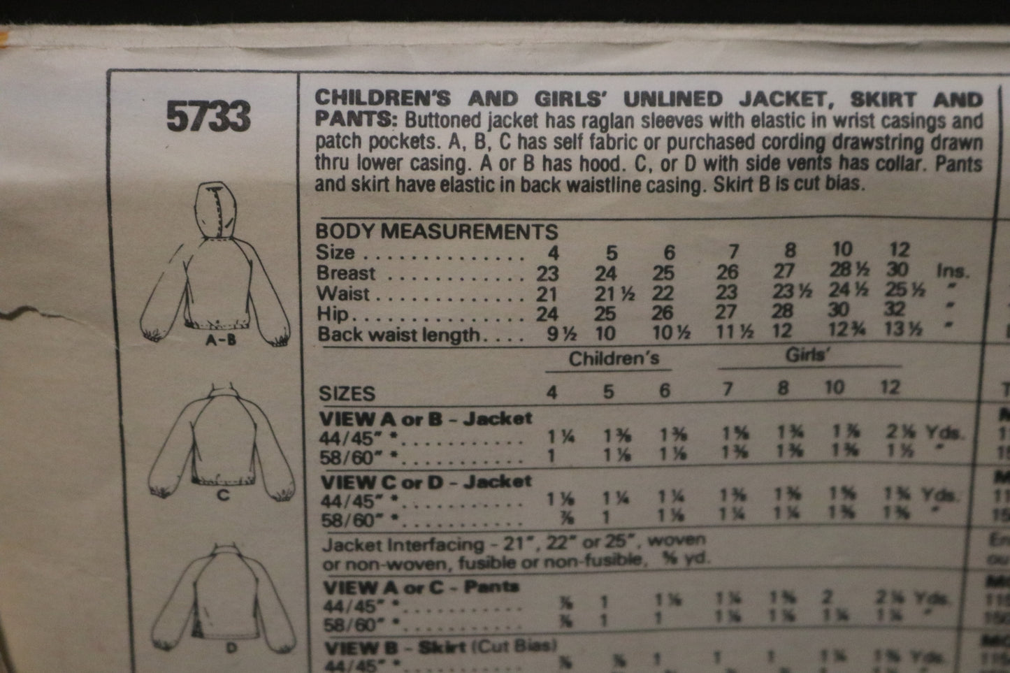 70s McCalls 5733 Childs and Girls Unlined Jacket Skirt and Pants Sewing Pattern UNCUT Size 12