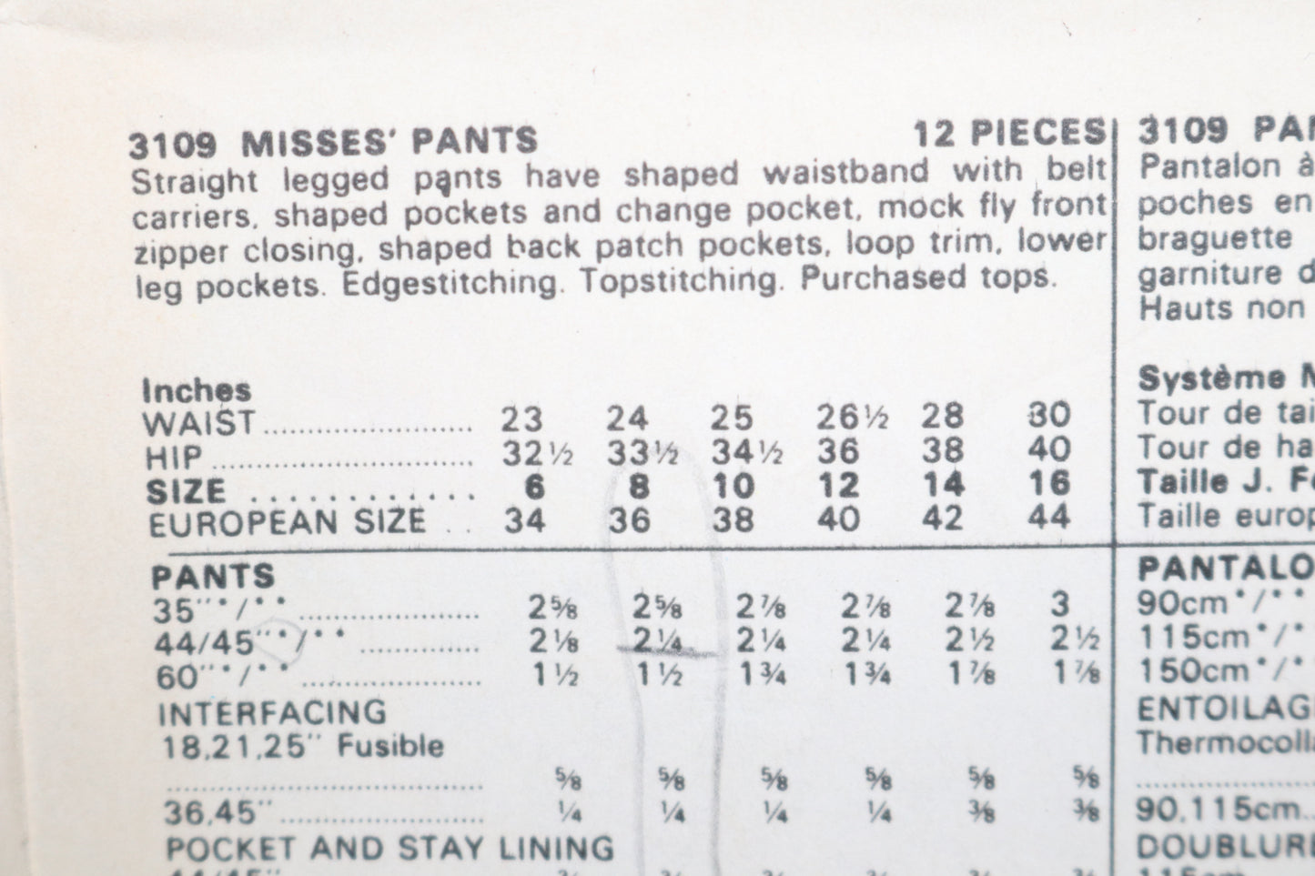 80s Butterick 3109 Misses Pants Sewing Pattern UNCUT Size 10