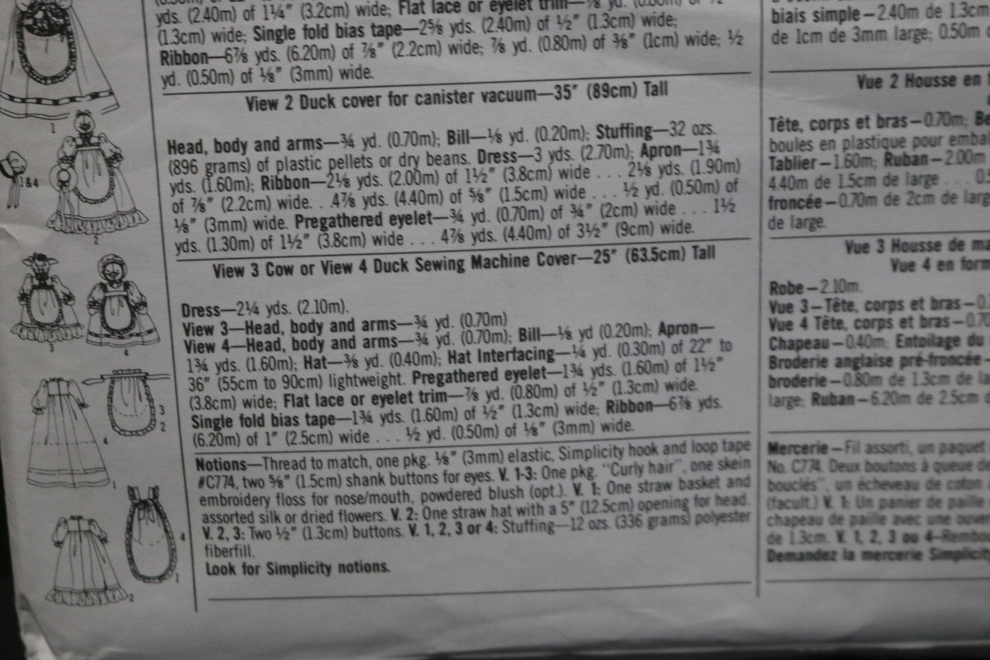 Simplicity 8462 Cow and Duck Covers for Vacuums and Sewing Machines Sewing Pattern UNCUT