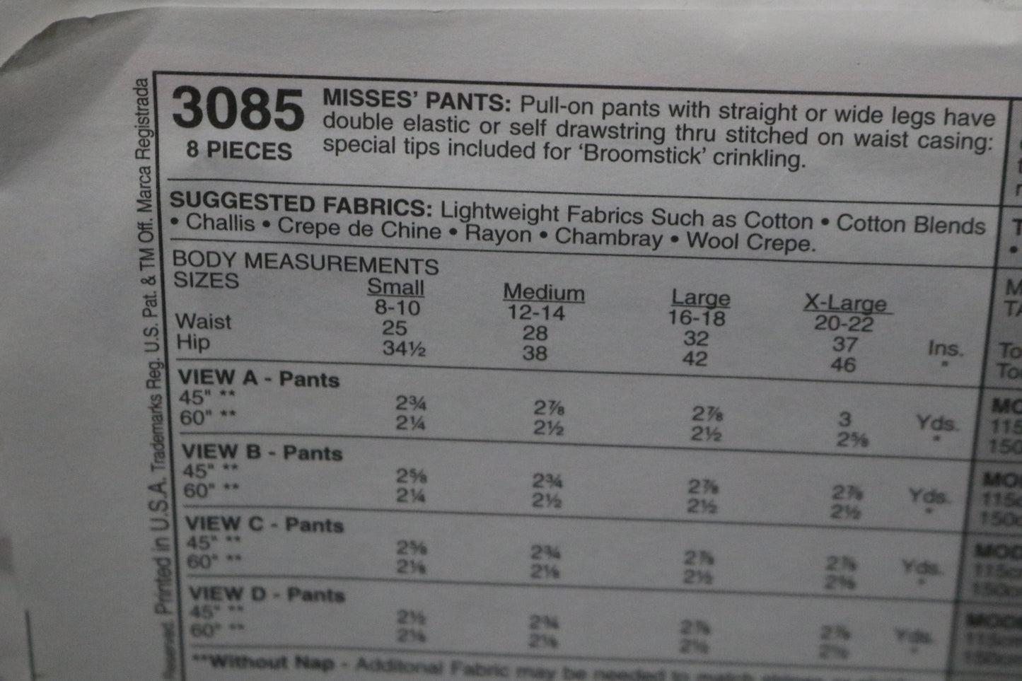 McCalls 3085 Misses Pants Sewing Pattern UNCUT Size Large ( 16 - 18 )