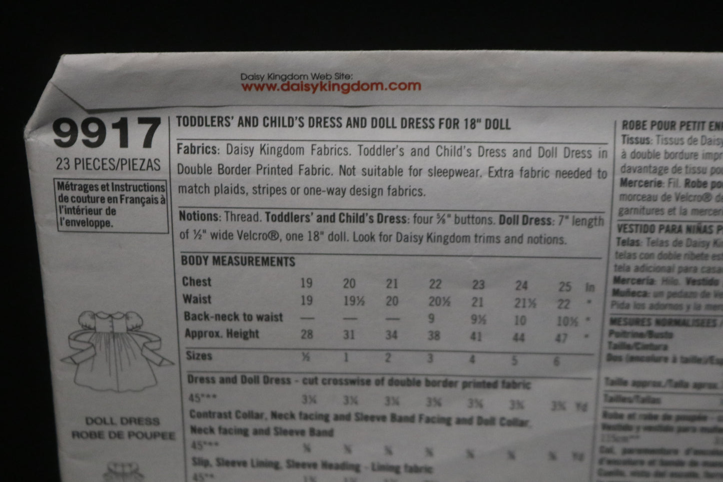 Simplicity 9917 Daisy Kingdom Childs and Toddlers Dress and Doll Dress for 18" Doll Sewing Pattern - UNCUT - Size 1/2 1 2