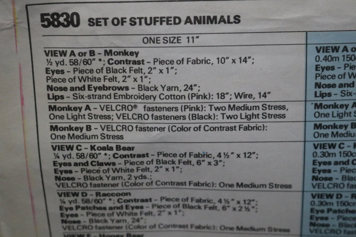 McCalls 5830 Set of Stuffed Animals Monkey Koala Racoon Bear Sewing Pattern UNCUT