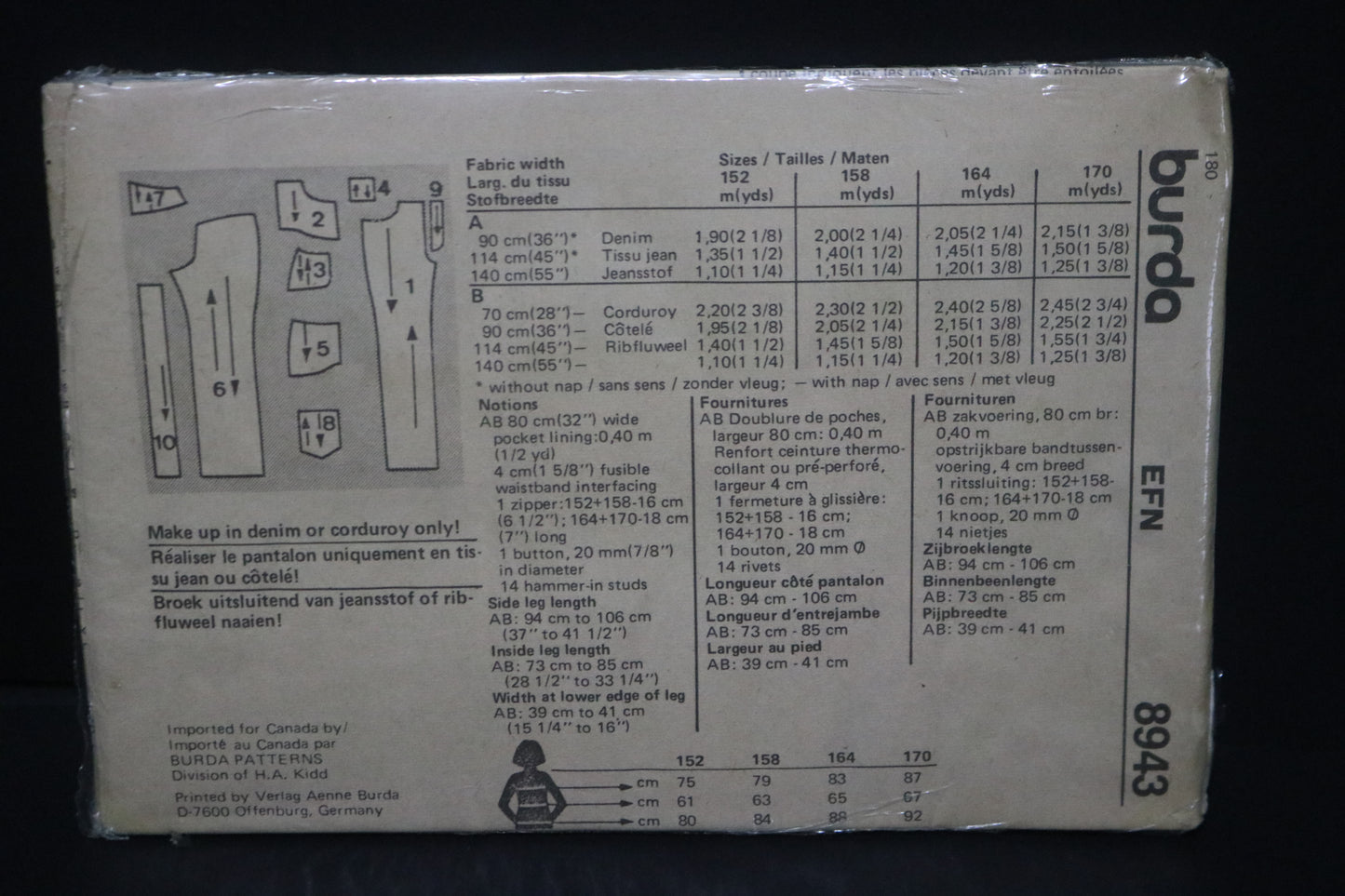 Burda 8943 Girls Junior Girls Jeans Sewing Pattern - UNCUT Size 12 10 jun 11jun 13jun