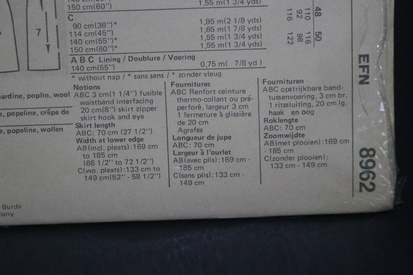 Burda 8962 Misses Skirt Sewing Pattern - UNCUT - Size 18 20 40 42