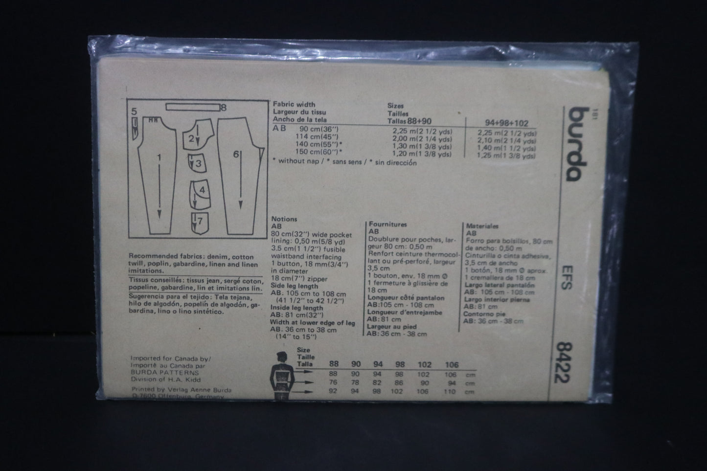 Burda 8422 Mens Pants Sewing Pattern - UNCUT Size 34 (tall) 36(tall) 38 (tall) 40 (tall) 42 (tall)