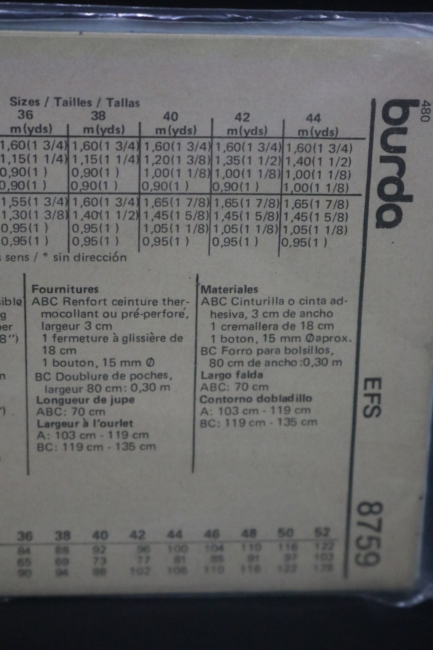 Burda 8759 Misses Skirt Sewing Pattern - UNCUT - Size 10 12 14 16 18