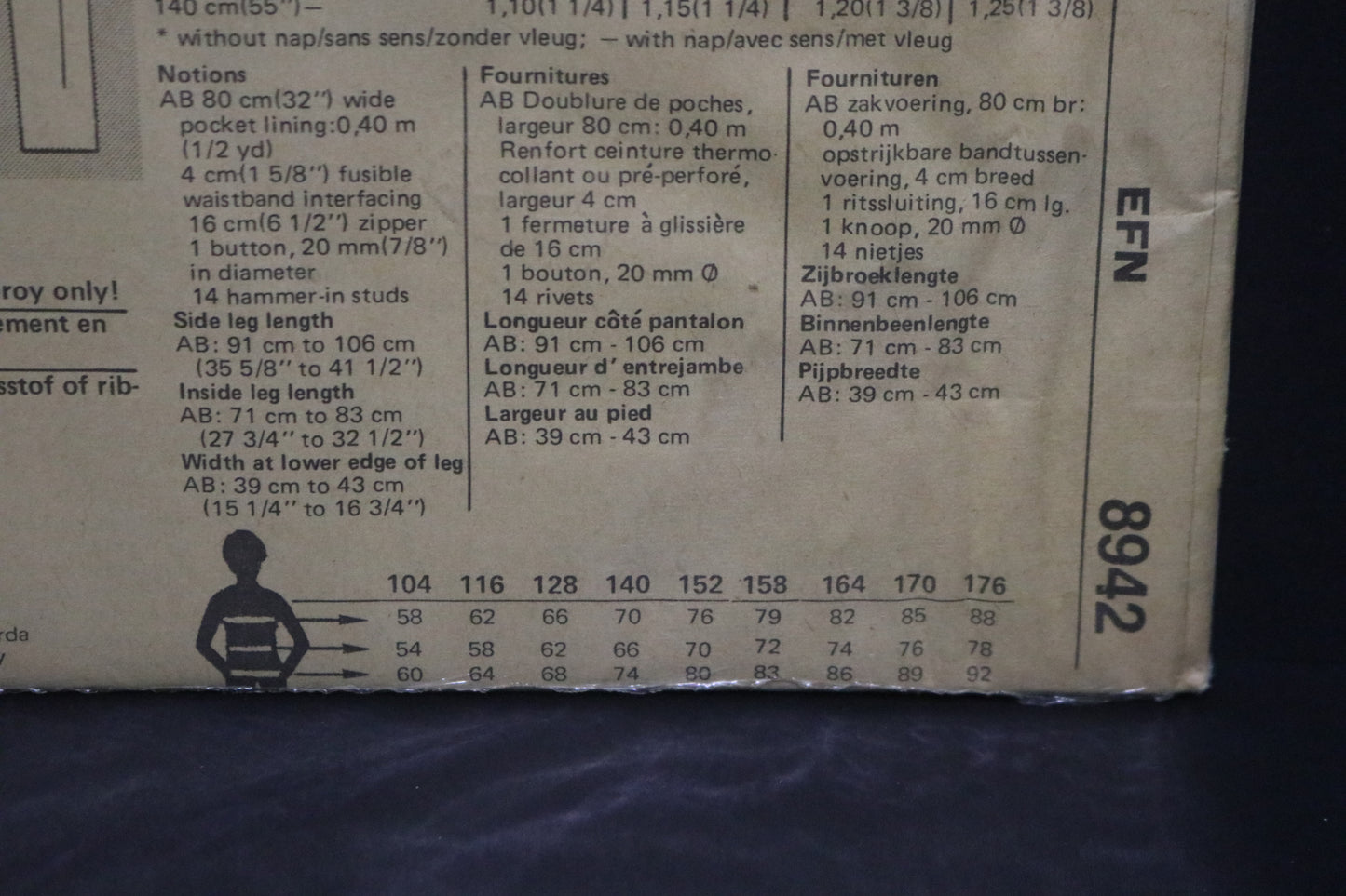 Burda 8942 Boys Pants Jeans Sewing Pattern UNCUT Size 12/14 14 16 18 + 20