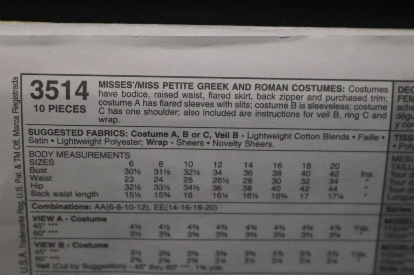 McCalls 3514 Misses / Miss Petite greek and Roman Costume Sewing Pattern - UNCUT - Size 6 8 10 12