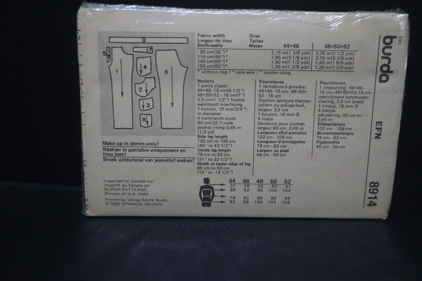 Burda 8914 Mens Jeans Pants Sewing Pattern - UNCUT Size 34 36 38 40 42