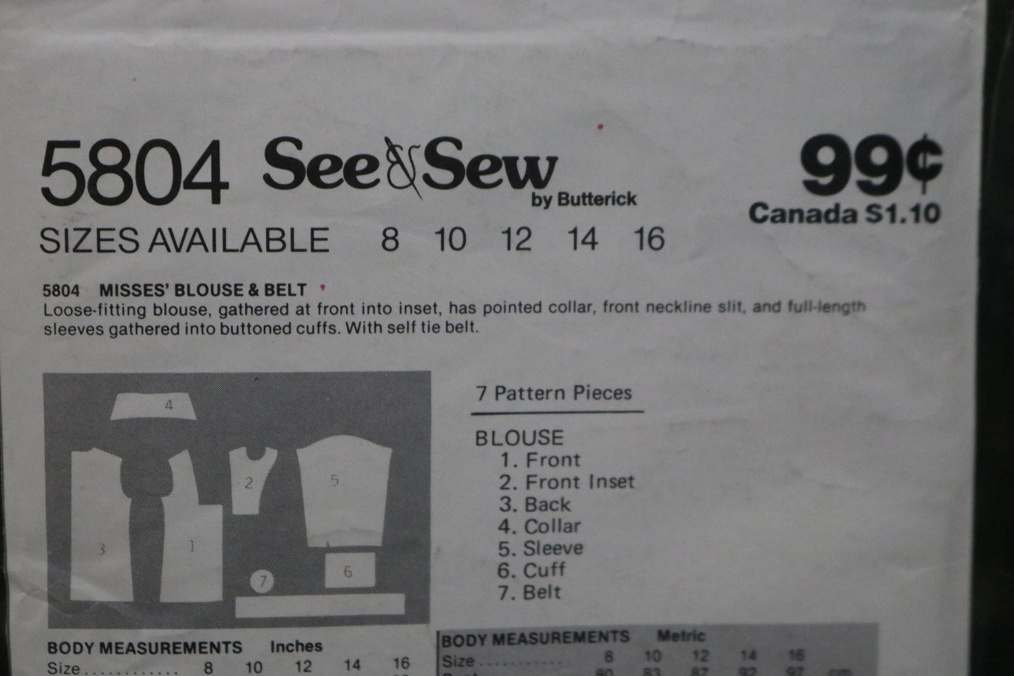 See and Sew 5804 Misses / Misses Blouse and Belt Sewing Pattern UNCUT Size 14