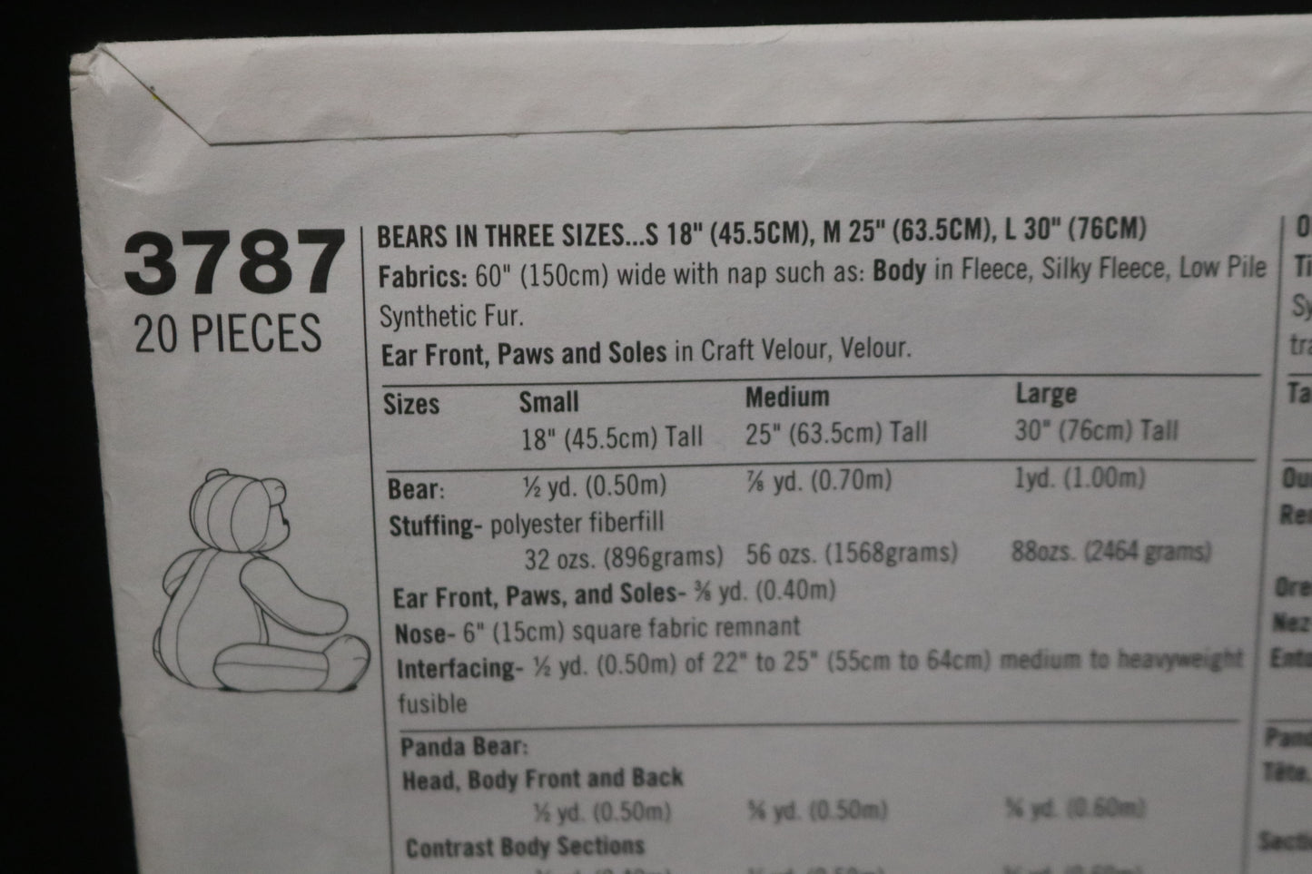 Simplicity 3787 Bears in Three Sizes S 18" M 25" and L 30" Sewing Pattern UNCUT