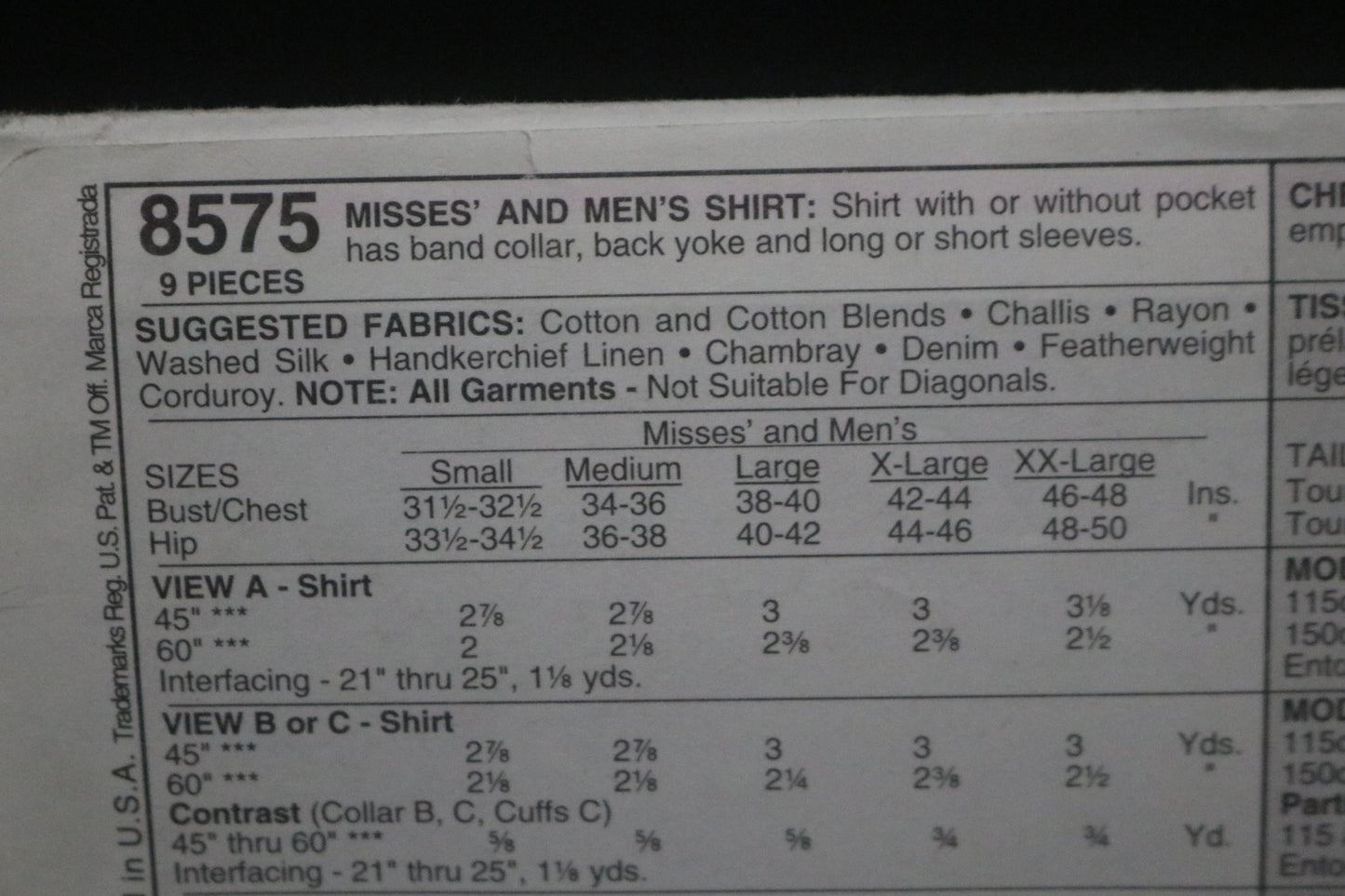 McCalls 8575 Misses and Mens Shirt Sewing Pattern UNCUT - Size Small ( 31 1/2/,32 1/2)