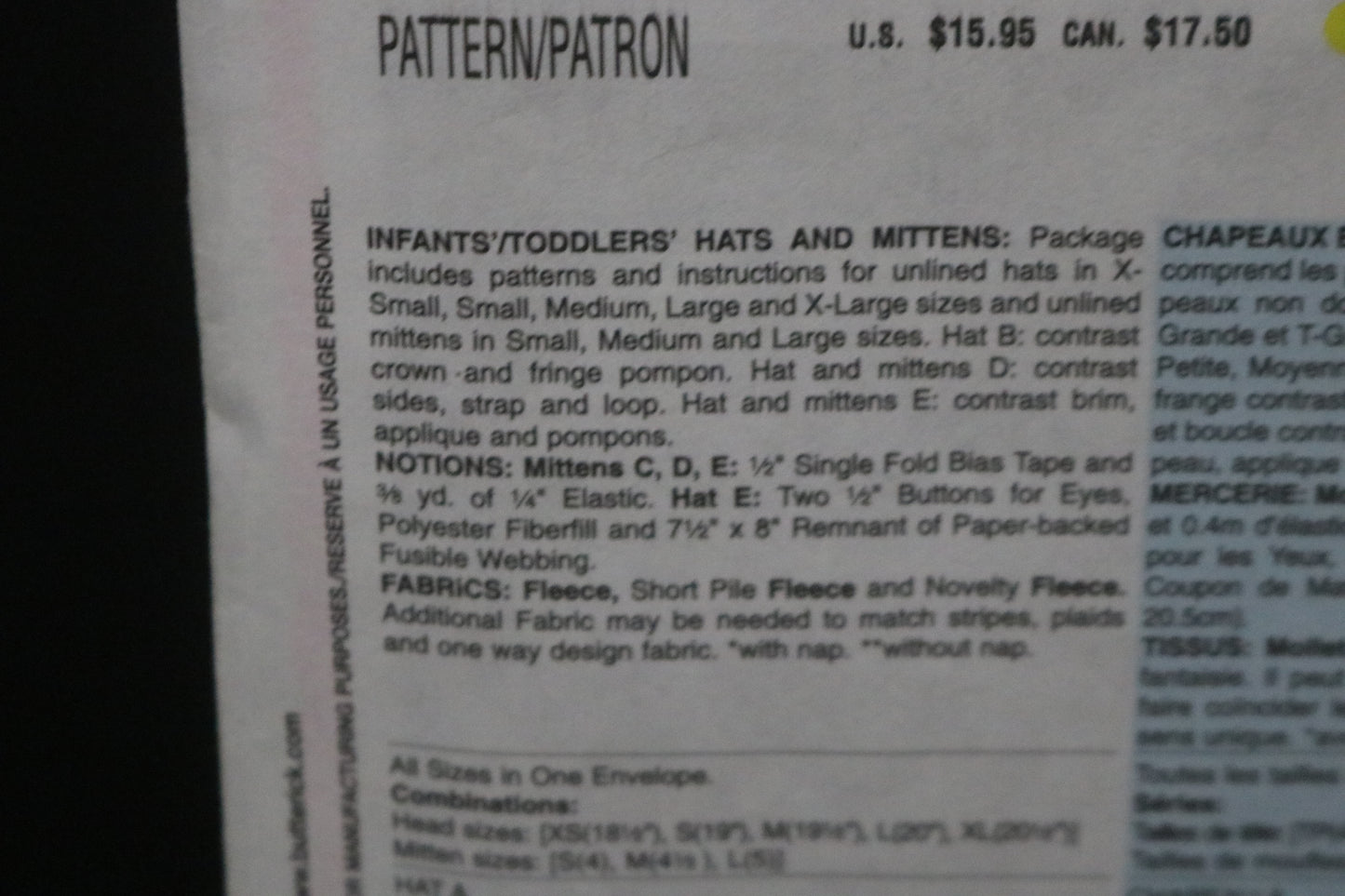 Butterick 4880 Infants / Toddlers Hats and Mittens Sewing Pattern - UNCUT - Hat Size Xs S M L XL