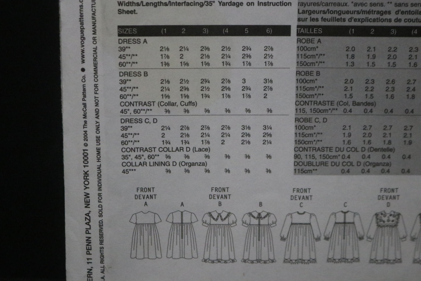 Vogue 7924 Vogue for Me Childrens Girls Dress Sewing Pattern - UNCUT - Size 4 5 6