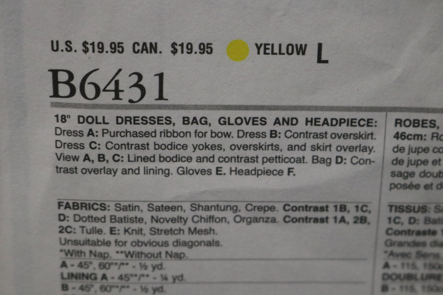 Butterick 6431 18" Doll Dresses Bag Gloves and Headpiece Sewing Pattern - UNCUT