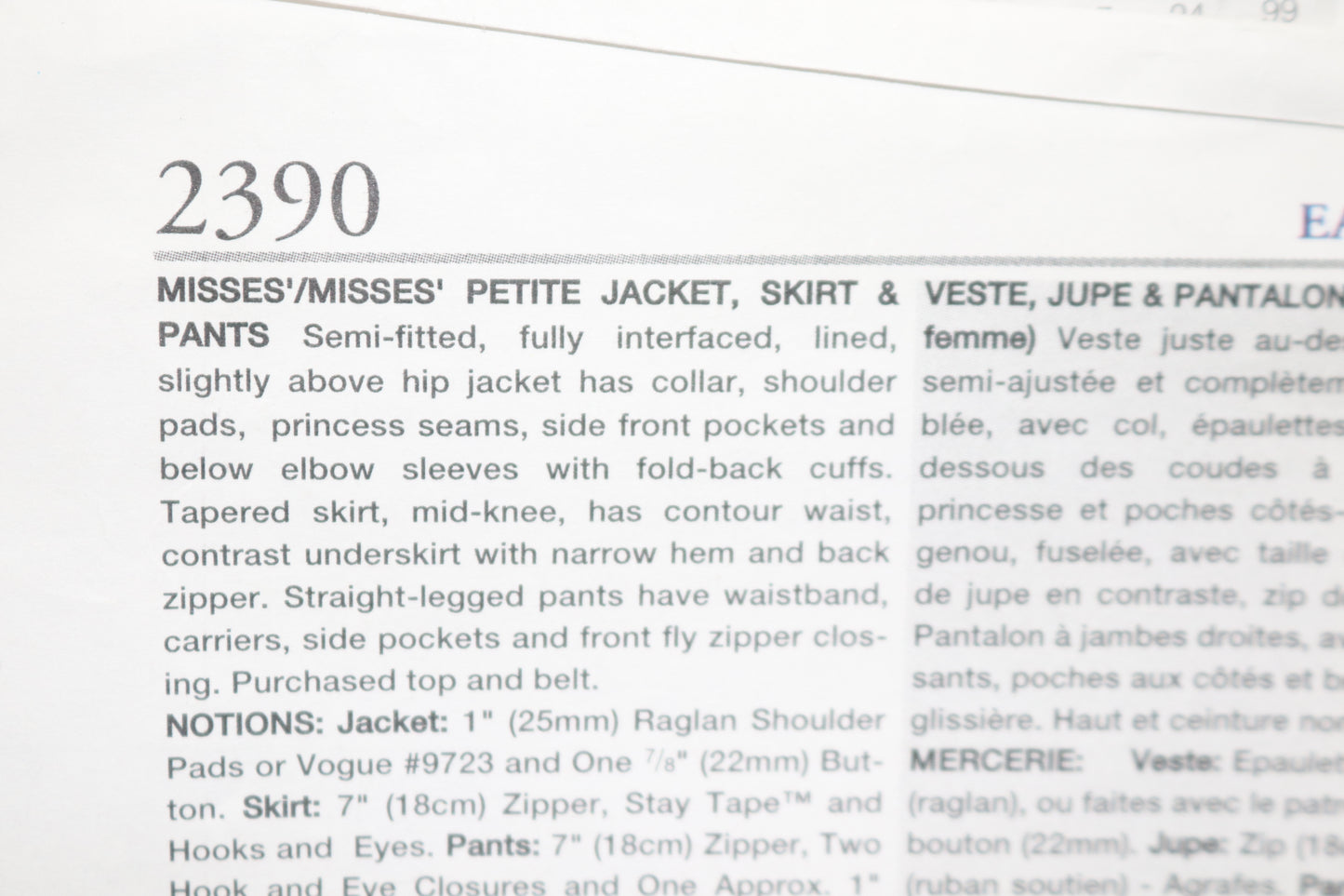 Vogue 2390 Anne Klein Misses / Misses Petite Jacket Skirt and Pants Sewing Pattern - UNCUT - Size 12 14 16