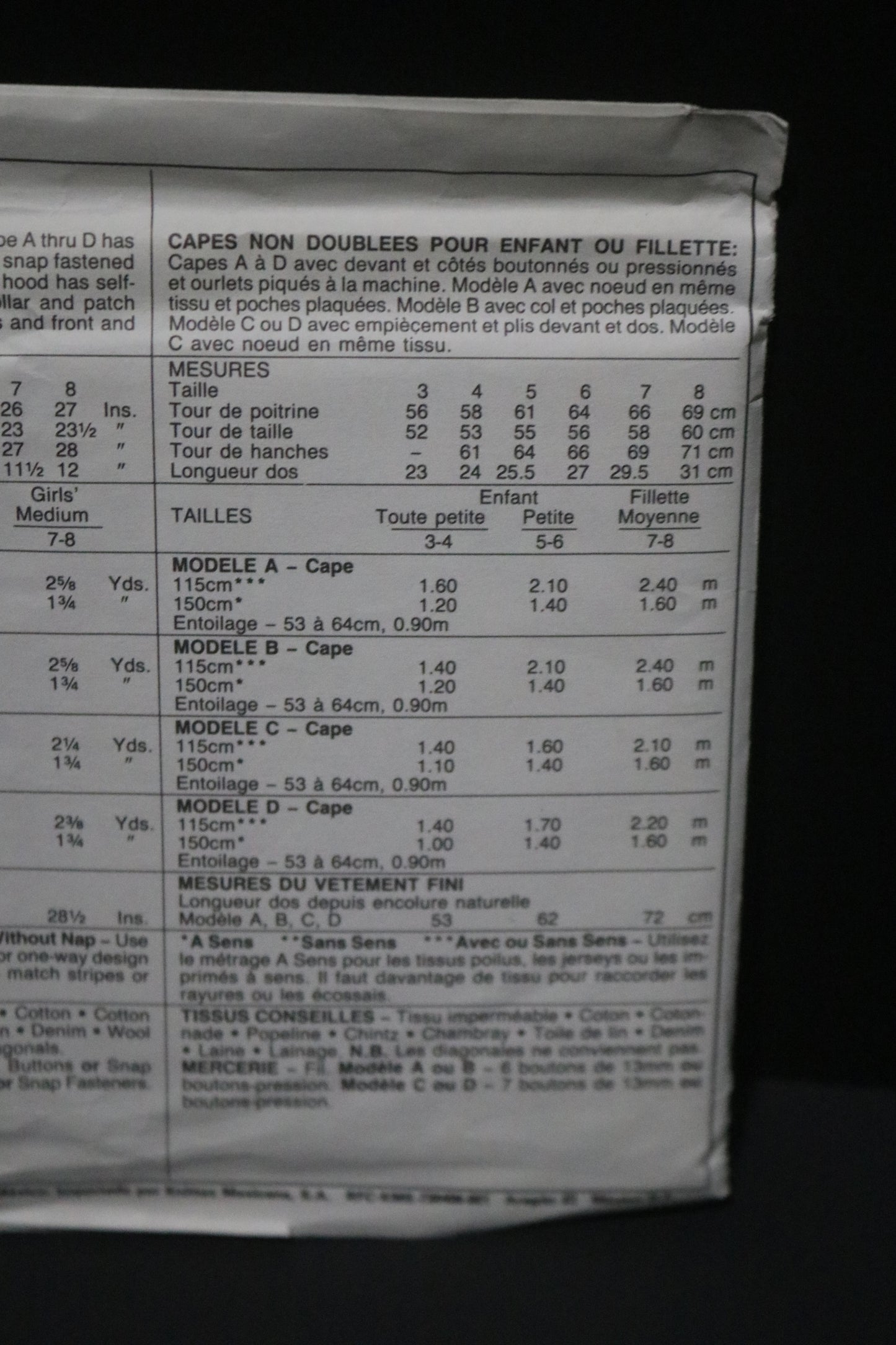 McCalls 3452 Children's or Girls Unlined Capes Sewing Pattern UNCUT Size Ex Small