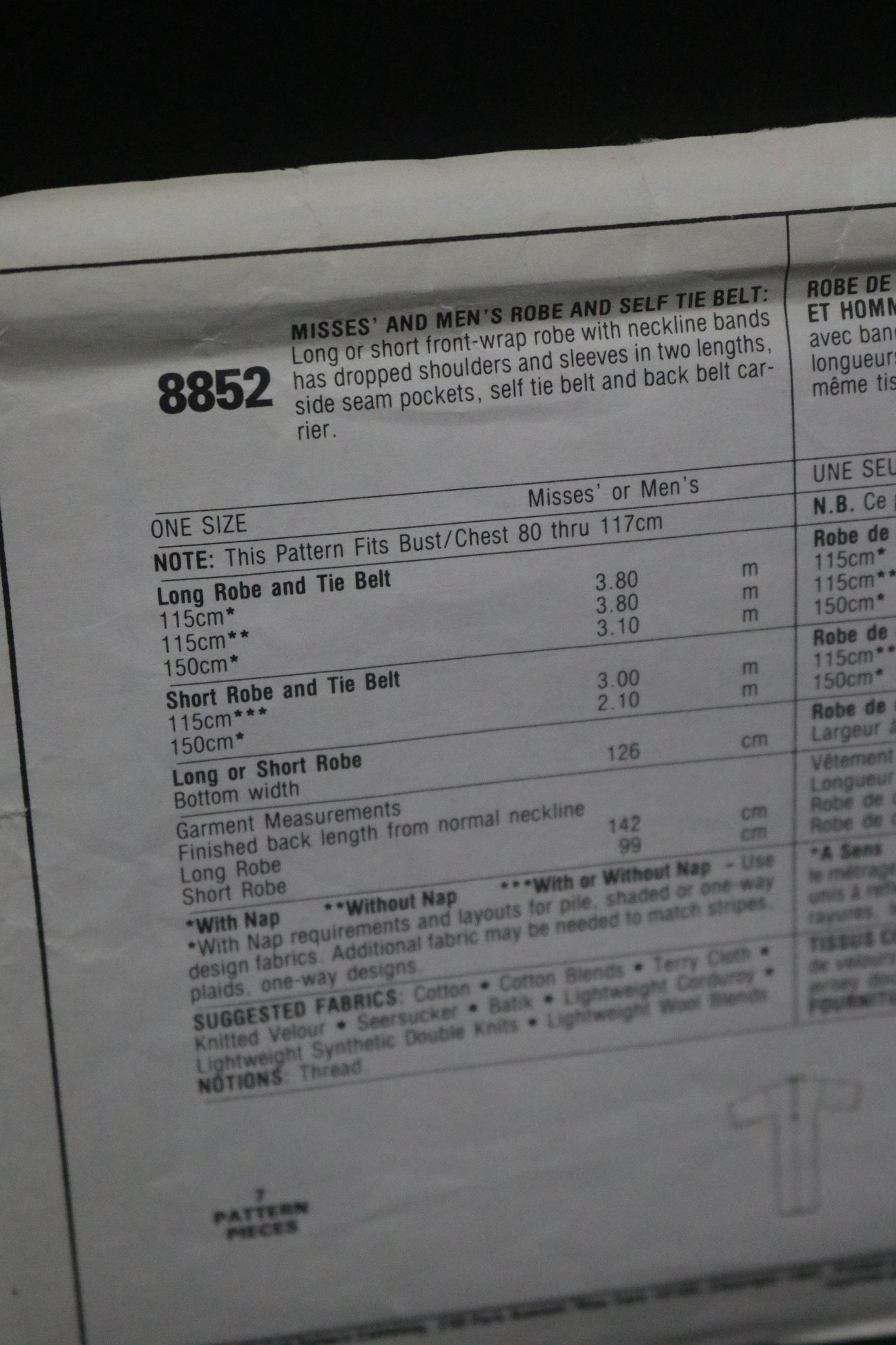 McCalls 8852 Misses and Mens Robe and self tie belts Sewing Pattern - UNCUT - One Size