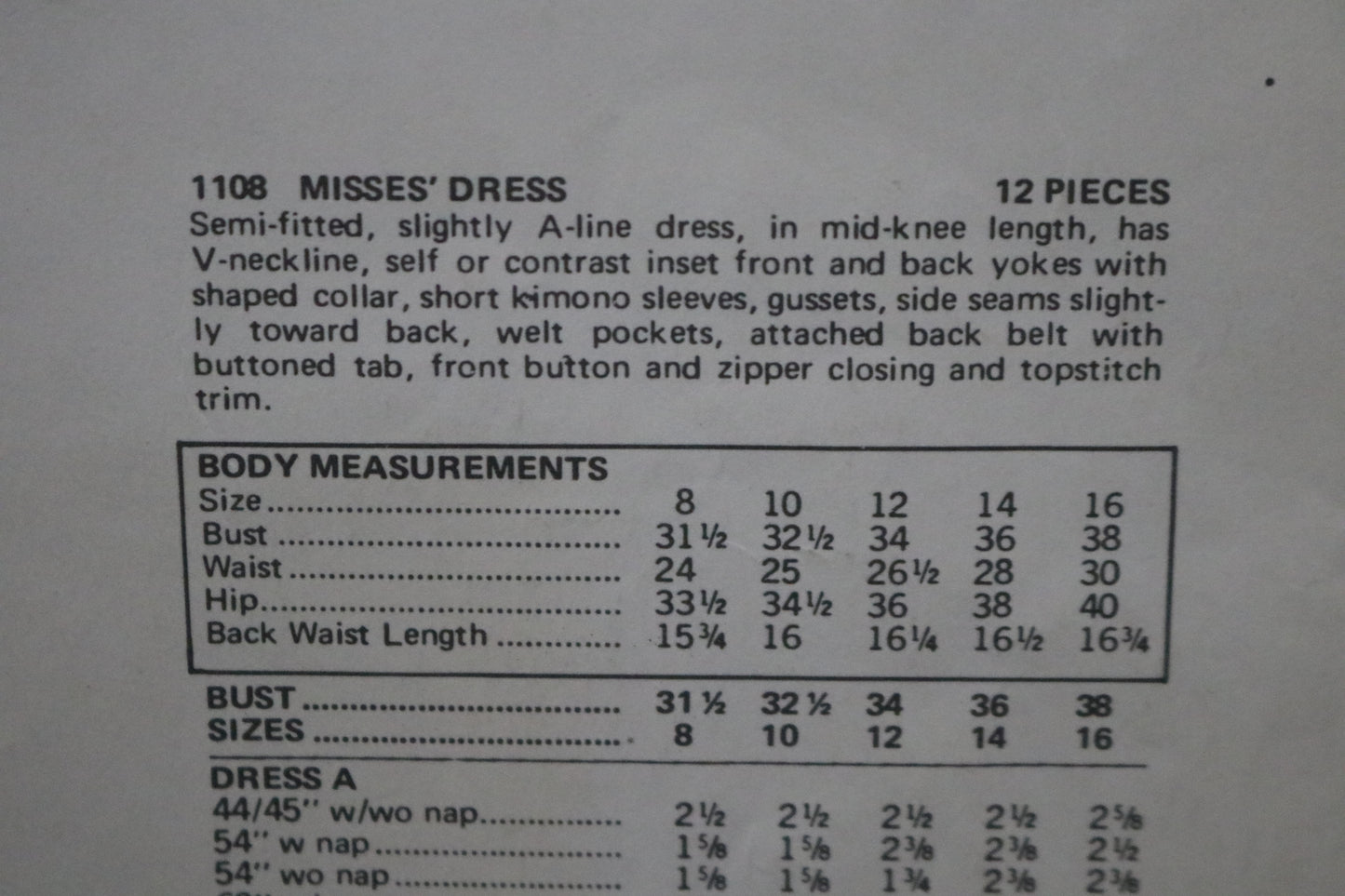 Vogue 1108 Paris Original Molyneux Misses Dress Sewing Pattern - UNCUT - Size 16