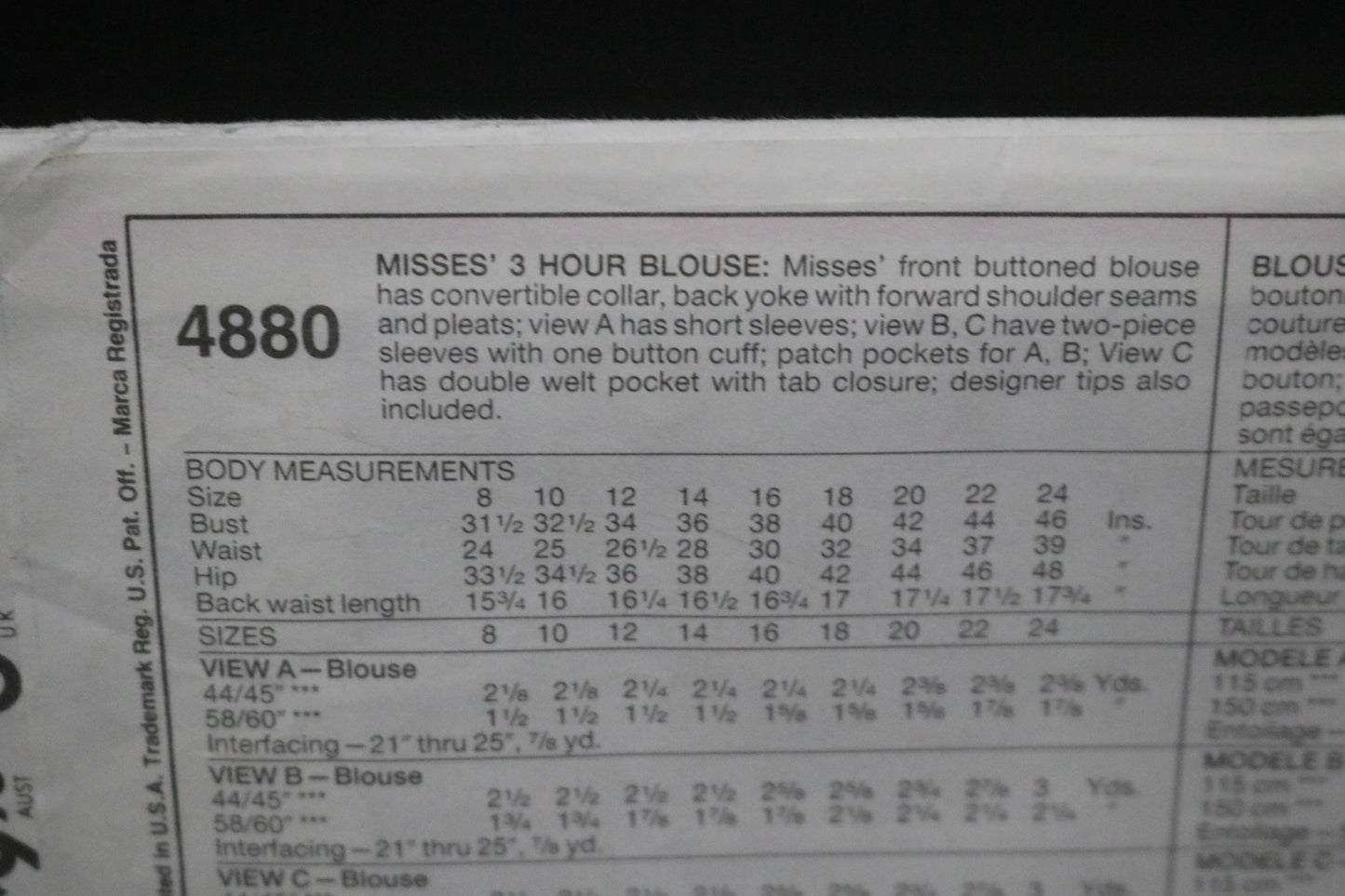 McCalls 4880 Palmer Pletsch Misses Blouses Sewing Pattern UNCUT - Size 10