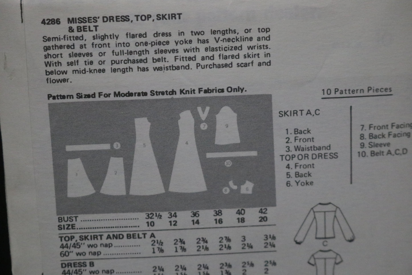 70s Butterick 4286 Misses Dress Top Skirt and Belt Sewing Pattern UNCUT Size 10 or Size 12