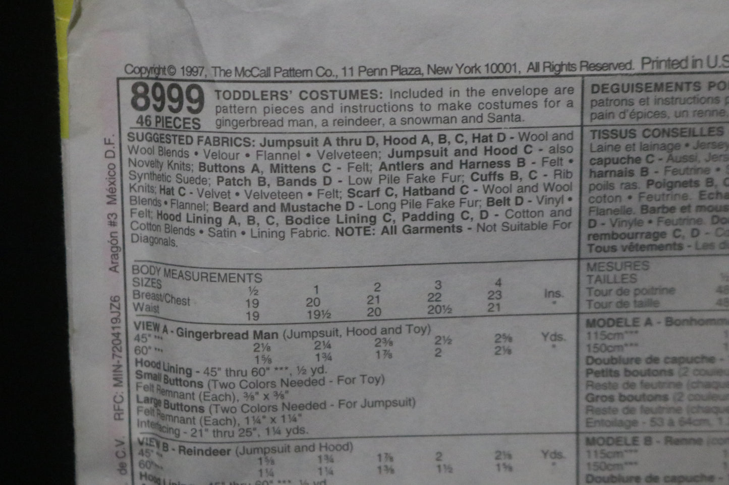 McCalls 8999 Toddlers Christmas Costumes Sewing Pattern - UNCUT Size 2