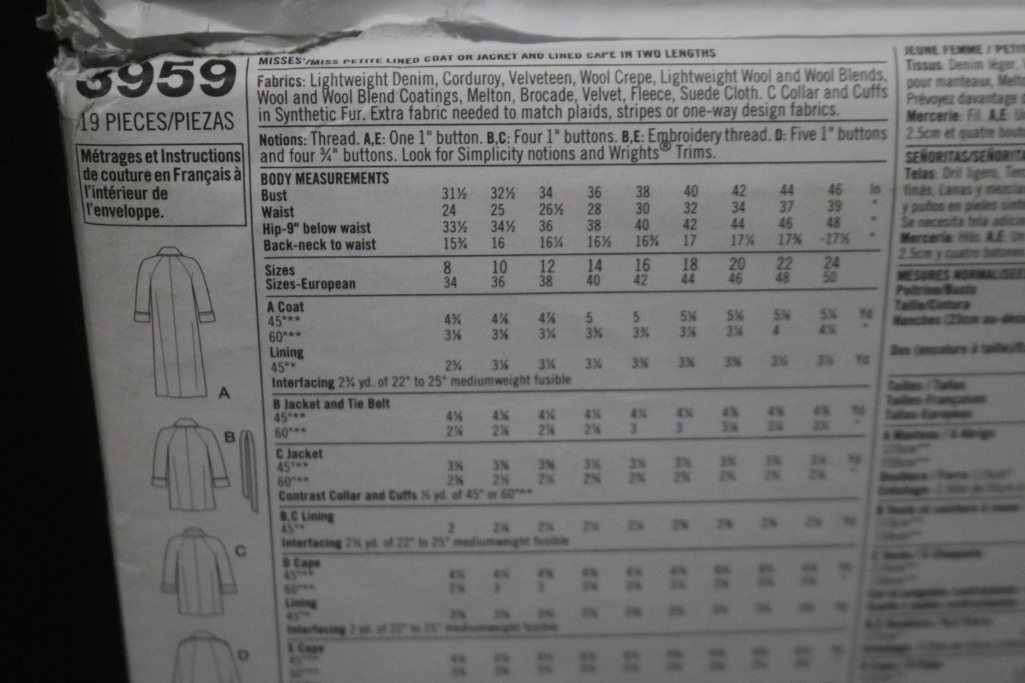 Simplicity 3959 Misses / Miss Petite Lined Coat or Jacket and Lined Cape in Two Lengths Sewing Pattern - UNCUT - Size 8 10 12 14 16