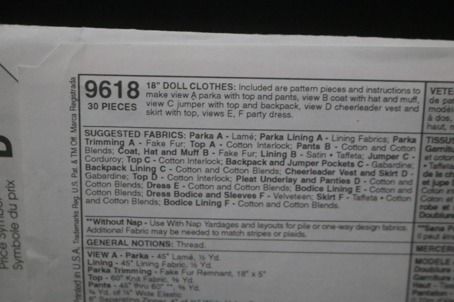 McCalls 9618 18" Doll Clothes Sewing Pattern - UNCUT