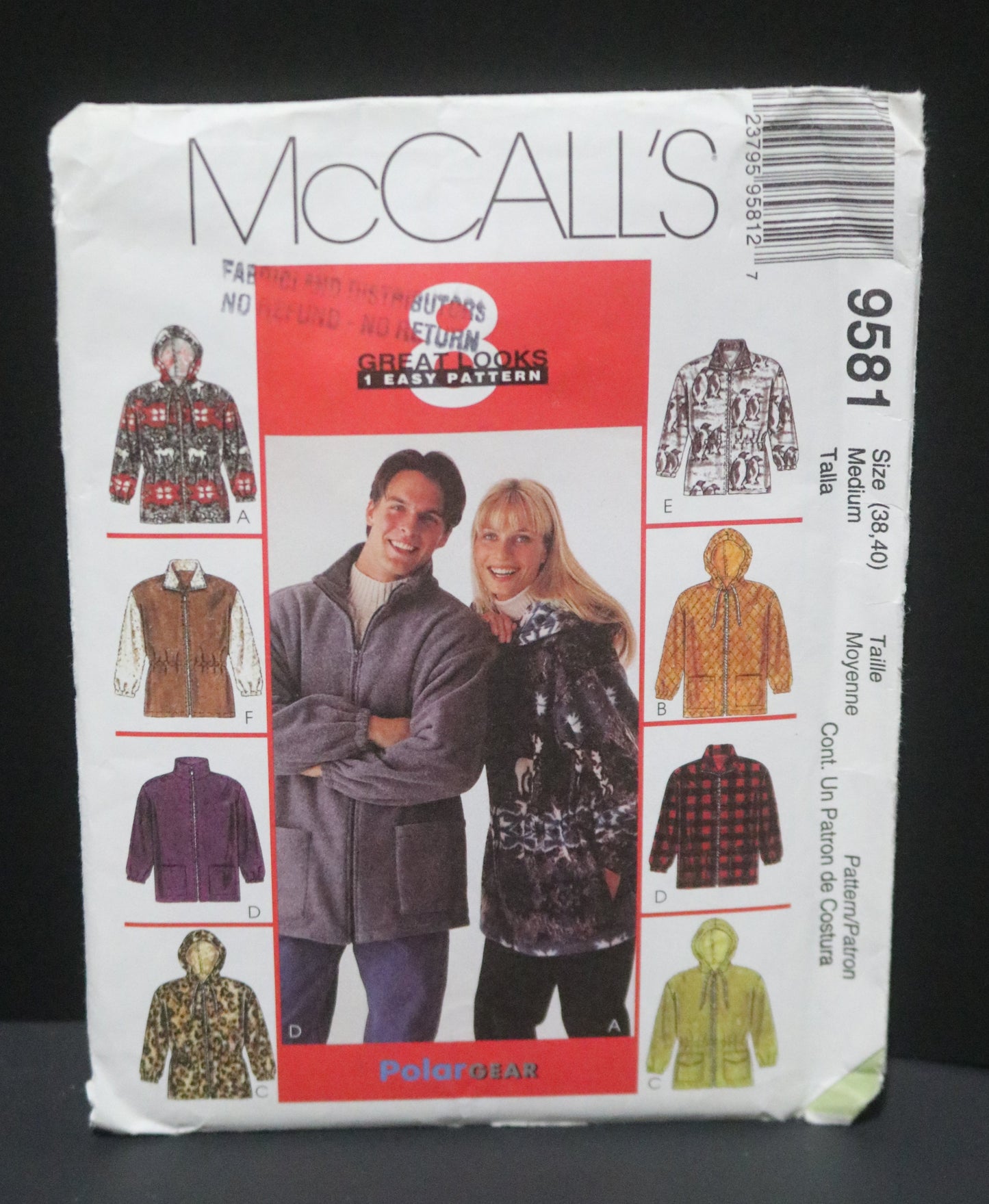 McCalls 9581 Misses and Mens Unisex Jacket Sewing Pattern UNCUT - Size Medium ( 38,40) or Size Large ( 42,44)