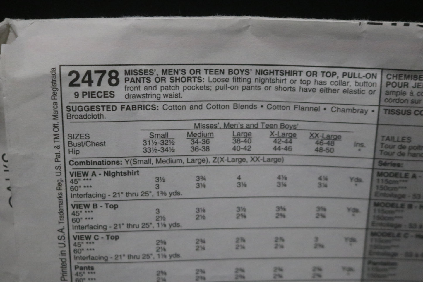 McCalls 2478 Misses, Men's and Teen Boys Nightshirt or Top , Pull on Pants or Shorts Sewing Pattern UNCUT Size Sml Med Lrg