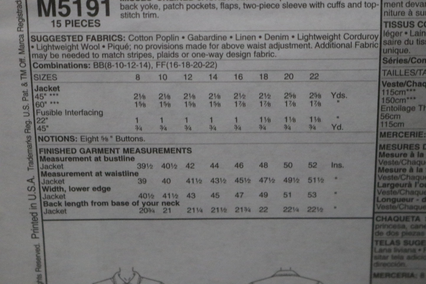 McCalls 5191 Palmer Pletsch Misses Classic Fit Unlined Jean Jacket Sewing Pattern - UNCUT Size 16 18 20 22