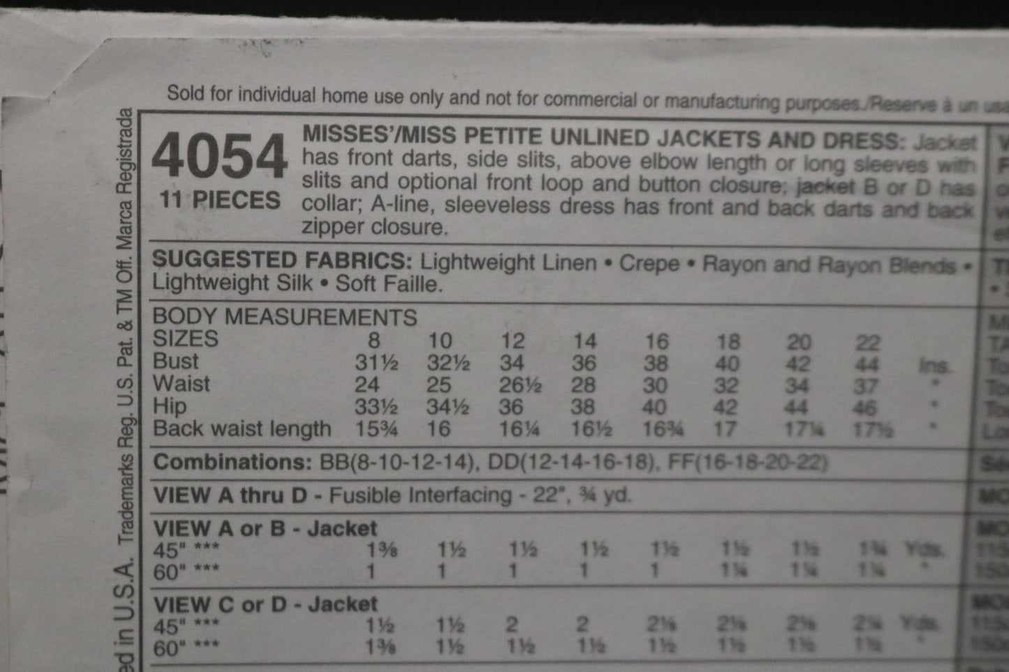 McCalls 4054 Misses / Miss Petite Unlined Jacket and Dress Sewing Pattern - UNCUT - Size 12 14 16