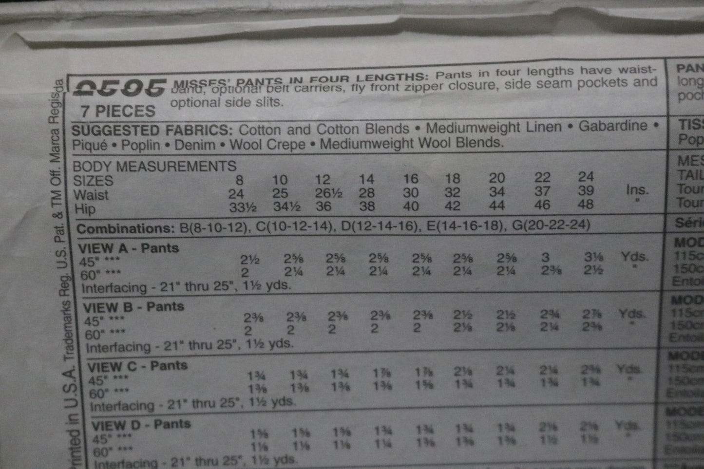 McCalls 2585 Palmer / Pletsch Misses Perfect Fit Pants in Four Lengths Sewing Pattern UNCUT Size 12 14 16