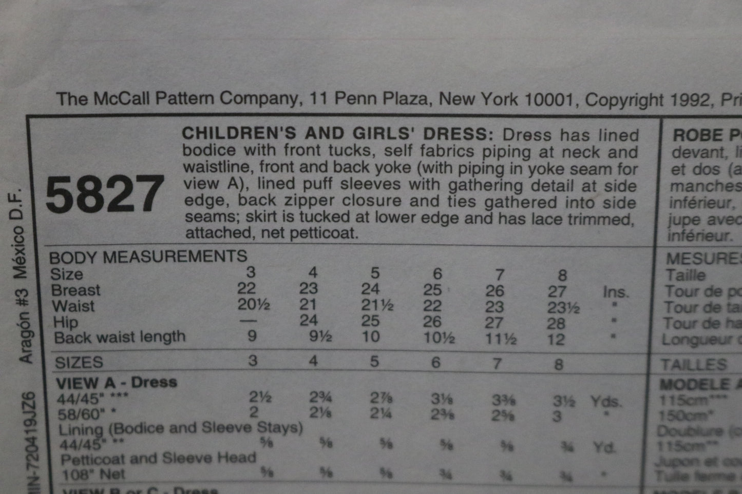 McCalls 5827 Children's Girls Dress Sewing Pattern UNCUT Size 6