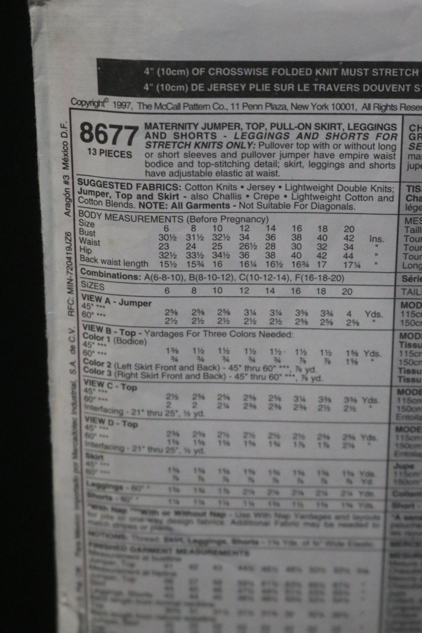 McCalls 8677 Maternity Jumper , Top, Pull on Skirt, Leggings and Shorts Sewing Pattern UNCUT Size 10 12 14