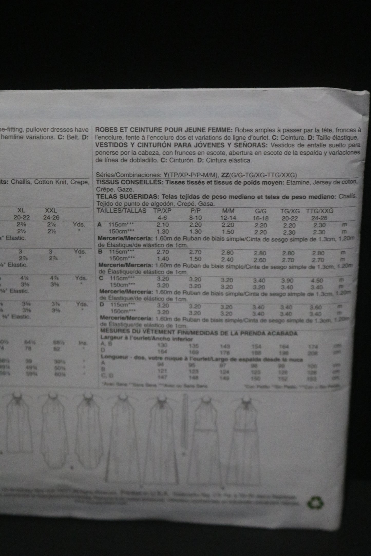 McCalls 7405 Misses Gathered Neckline Dresses amd Belt Sewing Pattern - UNCUT - Size Lrg Xlg XXL