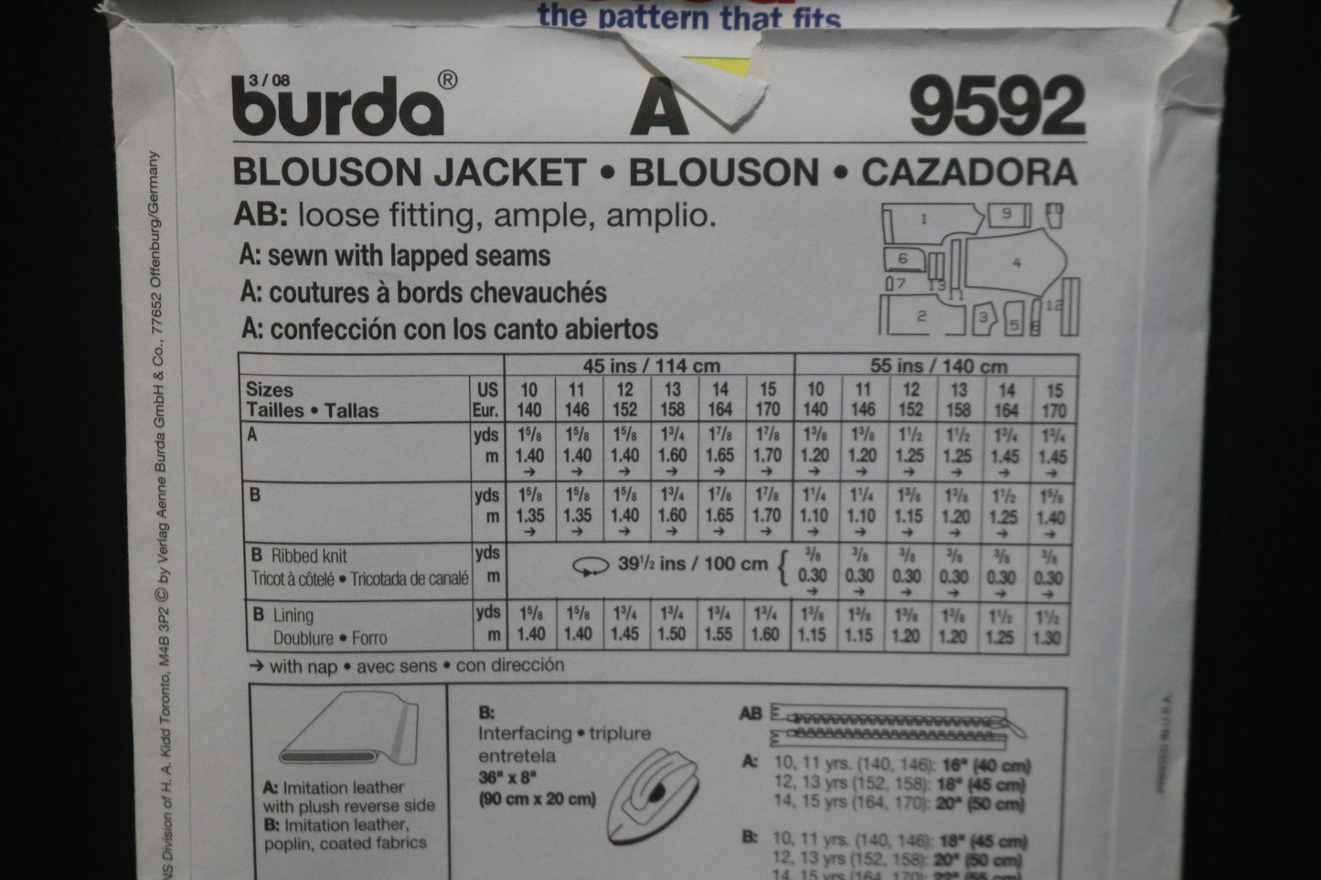 Burda 9592 Boys Teens Blouson Jacket Sewing Pattern UNCUT Size 10 11 12 14 15