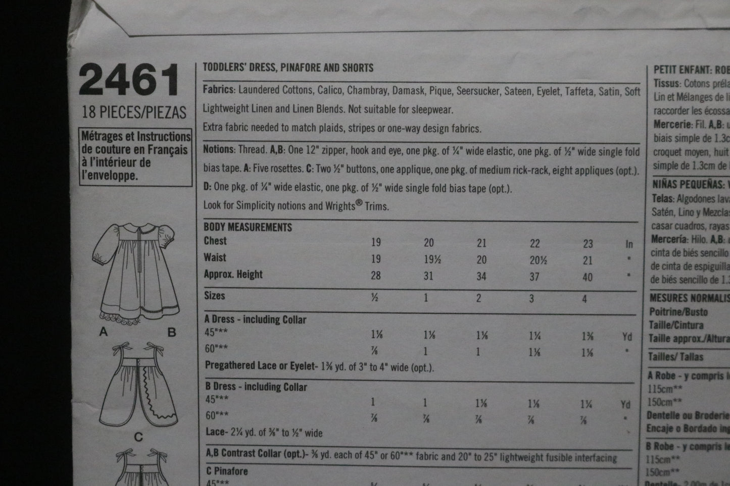 Simplicity 2461 Toddler Girls Dress Pinafore and Shorts Sewing Pattern - UNCUT Size 1/2 1 2 3 4