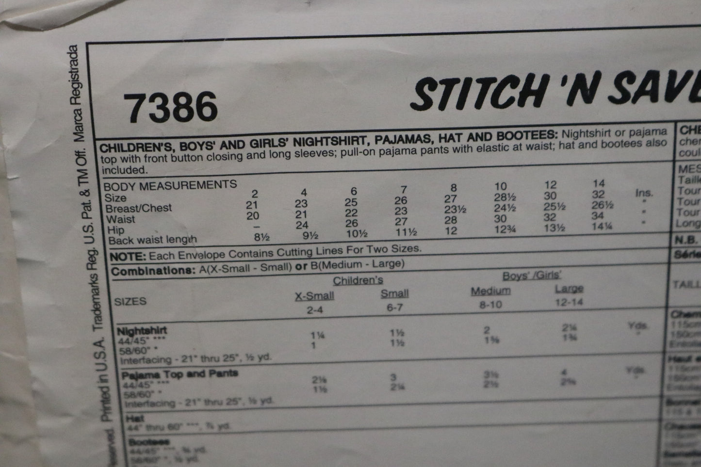 McCalls Stitch n Save 7386 Children's Boys and Girls Nightshirt Pajamas Hat and Bootees Sewing Pattern - UNCUT - Size Medium, Large