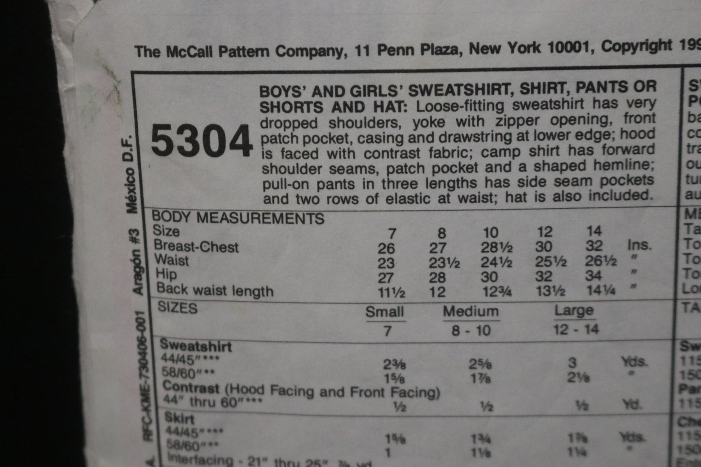 McCalls 5304 Boys and Girls Sweatshirt, Shirt, Pants or Shorts and Hat Sewing Pattern UNCUT Size Medium (8,10)