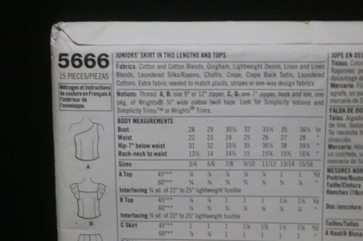 Simplicity 5666 Juniors Skirt in Two LEngths and Tops Sewing Pattern UNCUT Size 3/4 - 9/10