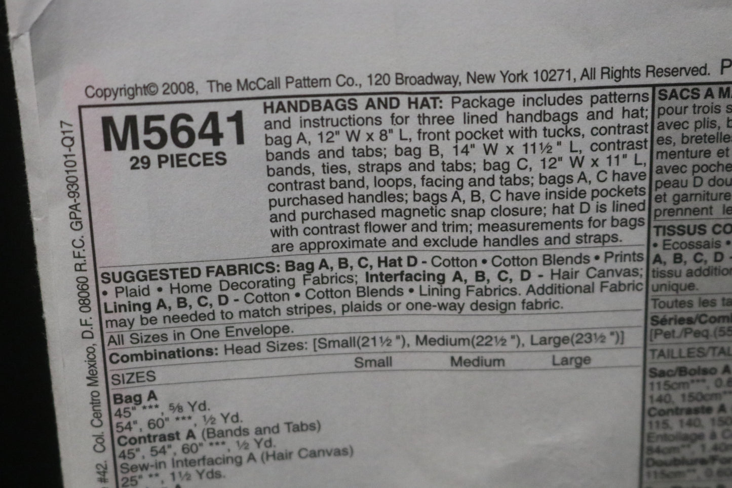 McCalls 5641 Laura Ashley Handbags and Hat Sewing Pattern - UNCUT