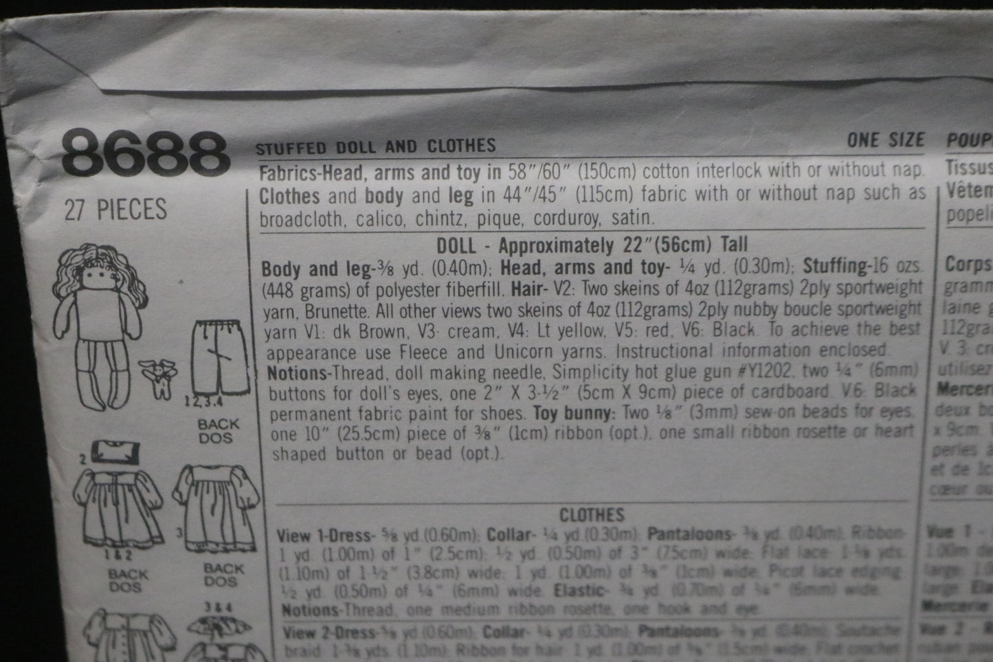 Simplicity 8688 Stuffed Doll and Doll Clothes Sewing Pattern UNCUT